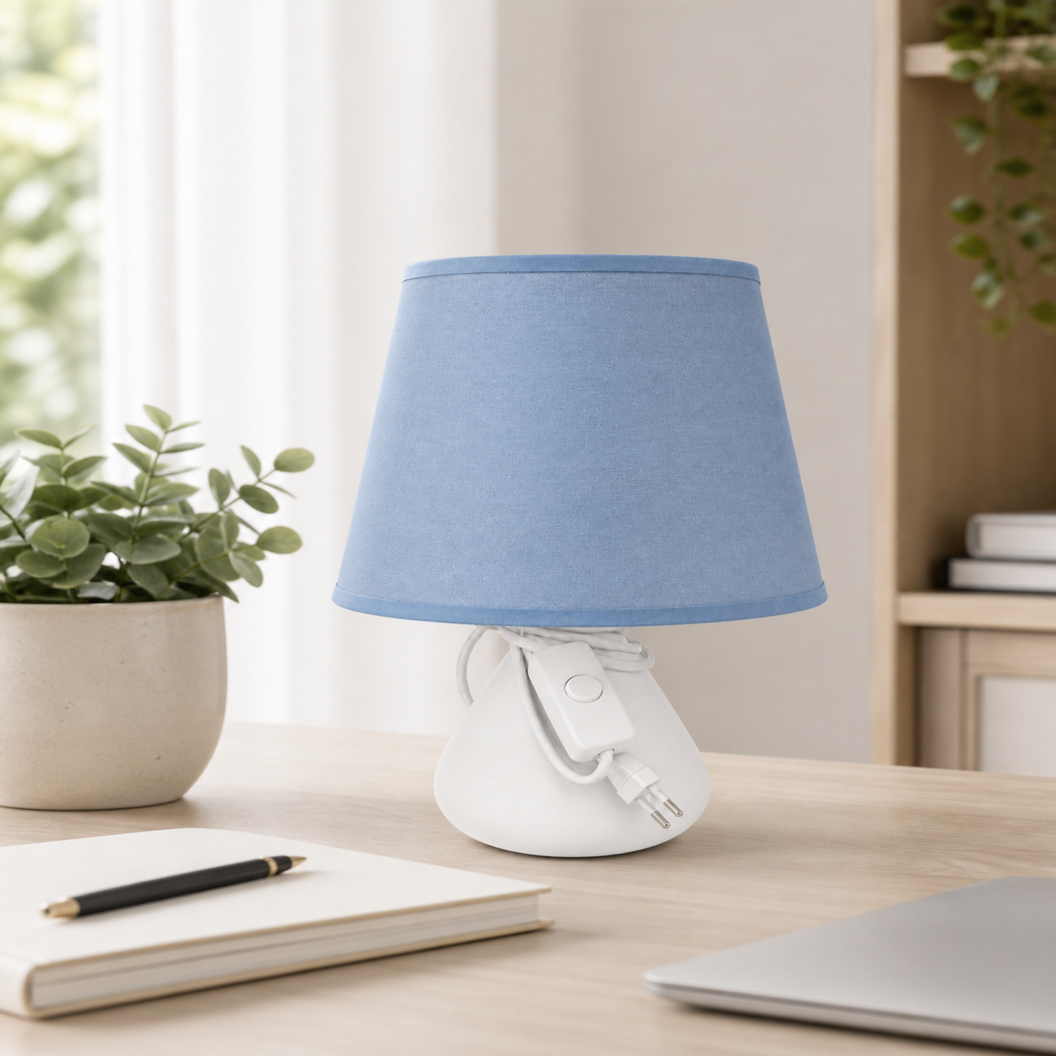 Compact Modern Table Lamp with Blue Fabric Shade – Minimalist Bedside Nightstand Light for Bedroom &amp; Office