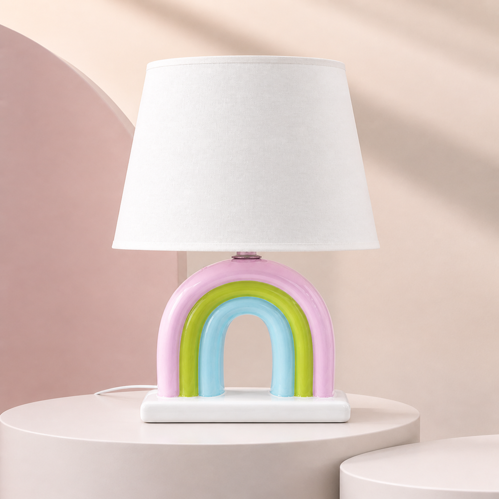 Colorful Pastel Rainbow Arch Table Lamp – Modern Ceramic Nursery Light with White Fabric Shade